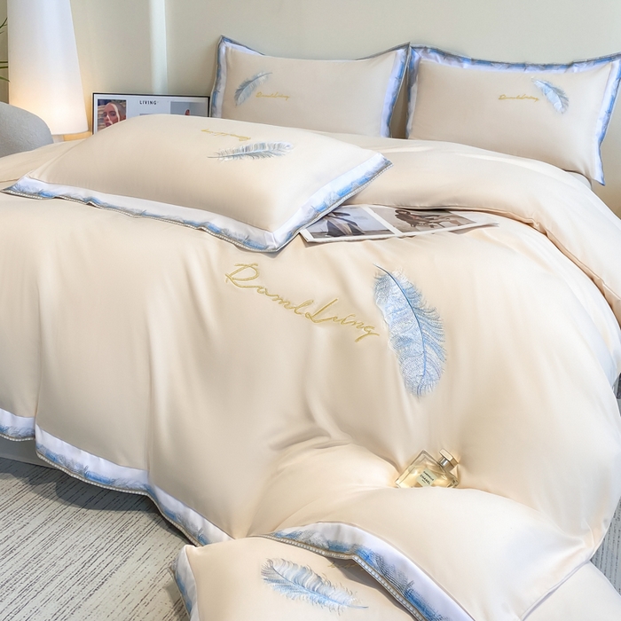 91家纺网 家纺一手货源 找家纺 （总）花愿（原花纪） 2025新款加密水洗棉刺绣四件套-蓝羽