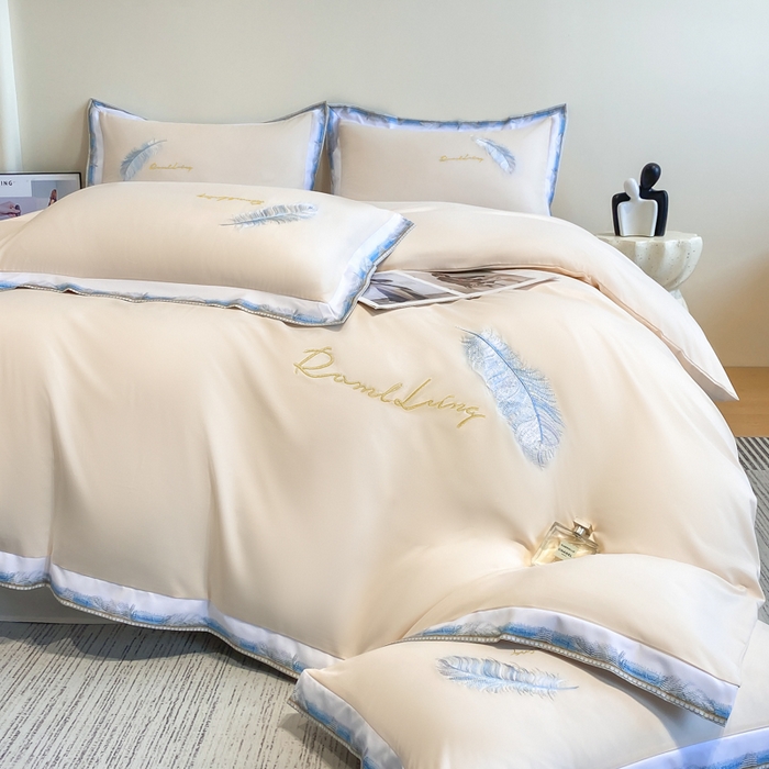 91家纺网 家纺一手货源 找家纺 （总）花愿（原花纪） 2025新款加密水洗棉刺绣四件套-蓝羽