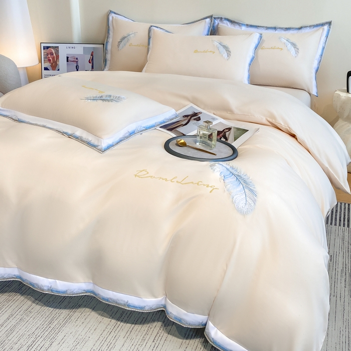 91家纺网 家纺一手货源 找家纺 （总）花愿（原花纪） 2025新款加密水洗棉刺绣四件套-蓝羽