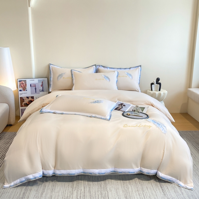 91家纺网 家纺一手货源 找家纺 （总）花愿（原花纪） 2025新款加密水洗棉刺绣四件套-蓝羽