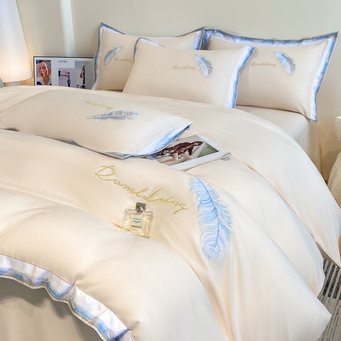 91家纺网 家纺一手货源 找家纺 （总）花愿（原花纪） 2025新款加密水洗棉刺绣四件套-蓝羽