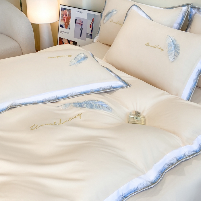 91家纺网 家纺一手货源 找家纺 （总）花愿（原花纪） 2025新款加密水洗棉刺绣四件套-蓝羽