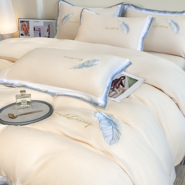 91家纺网 家纺一手货源 找家纺 （总）花愿（原花纪） 2025新款加密水洗棉刺绣四件套-蓝羽