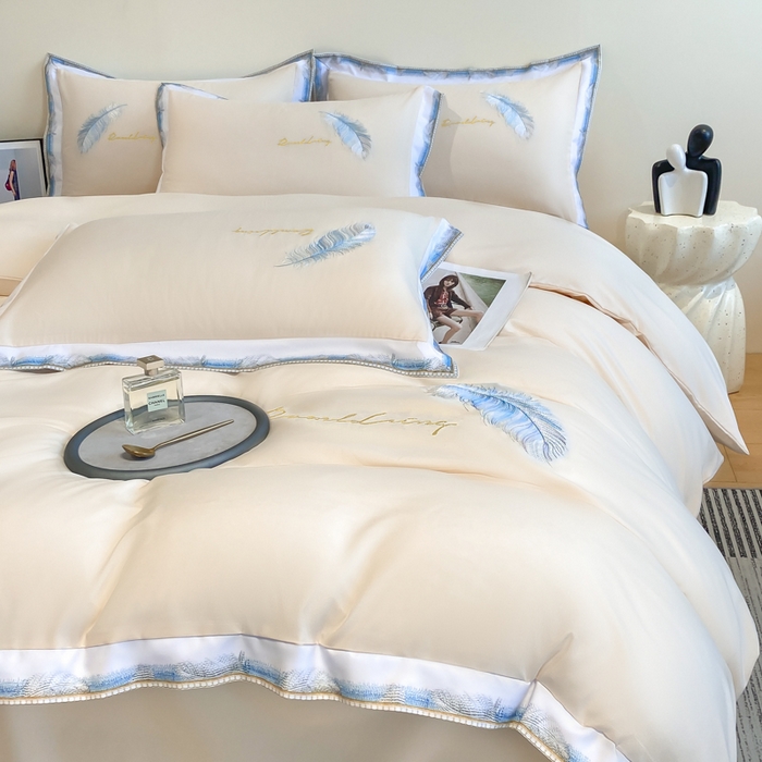 91家纺网 家纺一手货源 找家纺 （总）花愿（原花纪） 2025新款加密水洗棉刺绣四件套-蓝羽