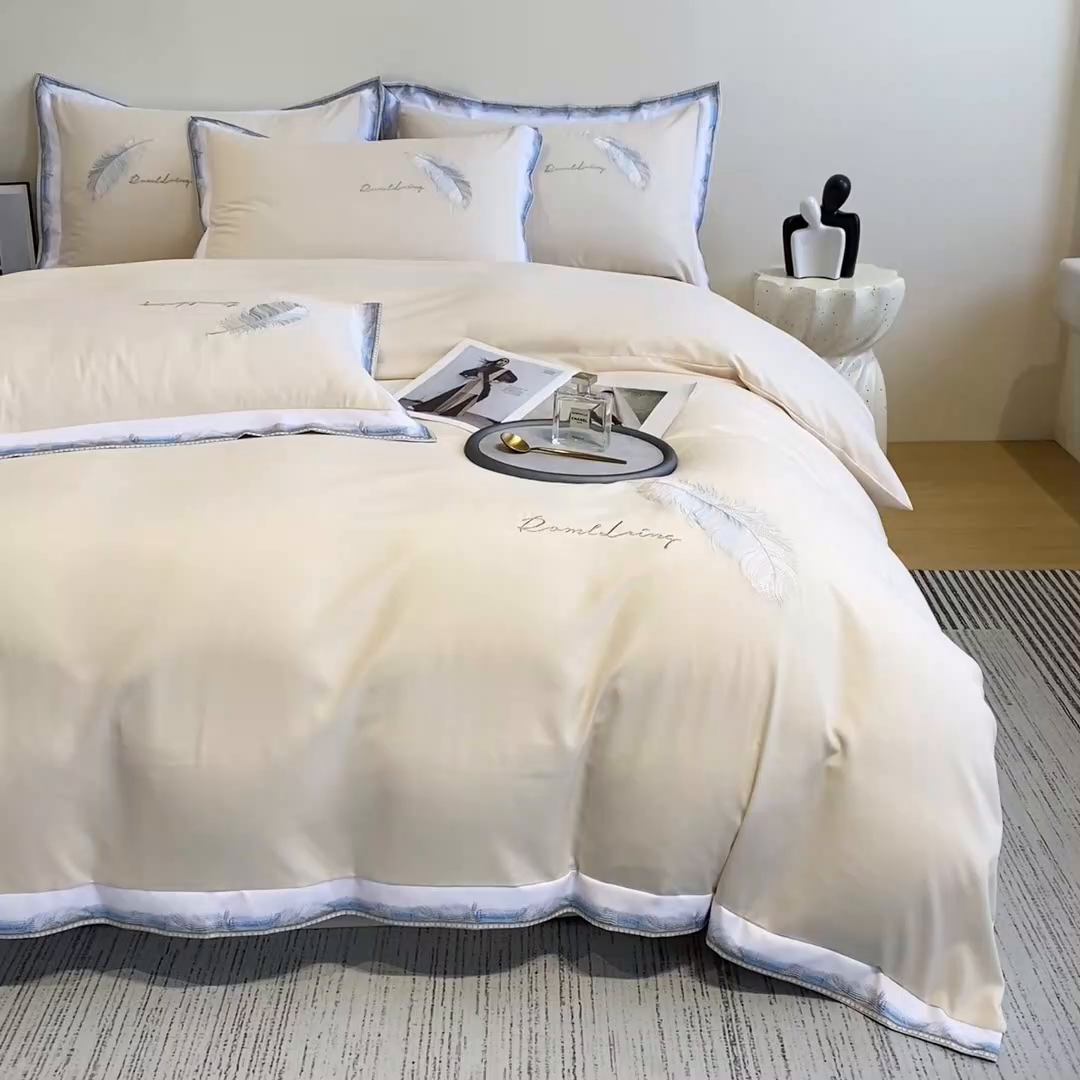 91家纺网 家纺一手货源 找家纺 （总）花愿（原花纪） 2025新款加密水洗棉刺绣四件套-蓝羽