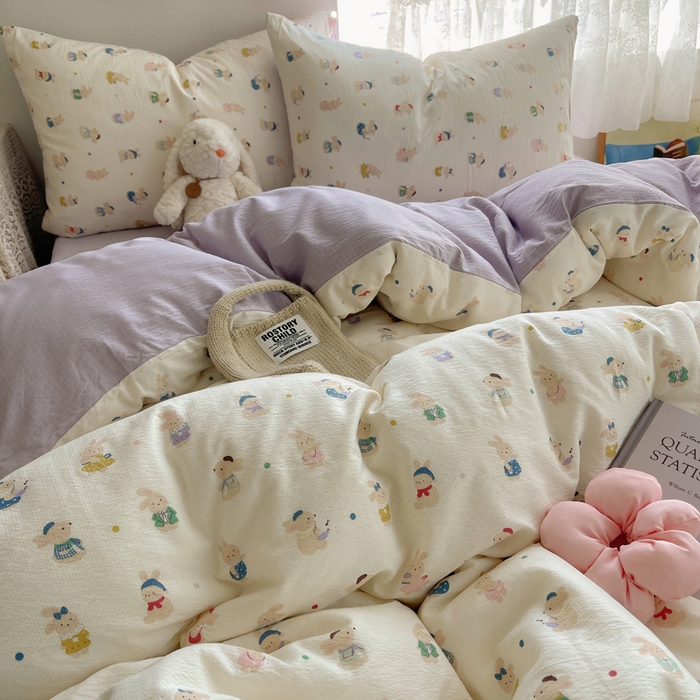 91家纺网 家纺一手货源 找家纺 沐芷 2025 木棉双层纱A类四件套直播 开学季宿舍三件套  单被套/四件套--提供买家秀 彼岸-兔子集合