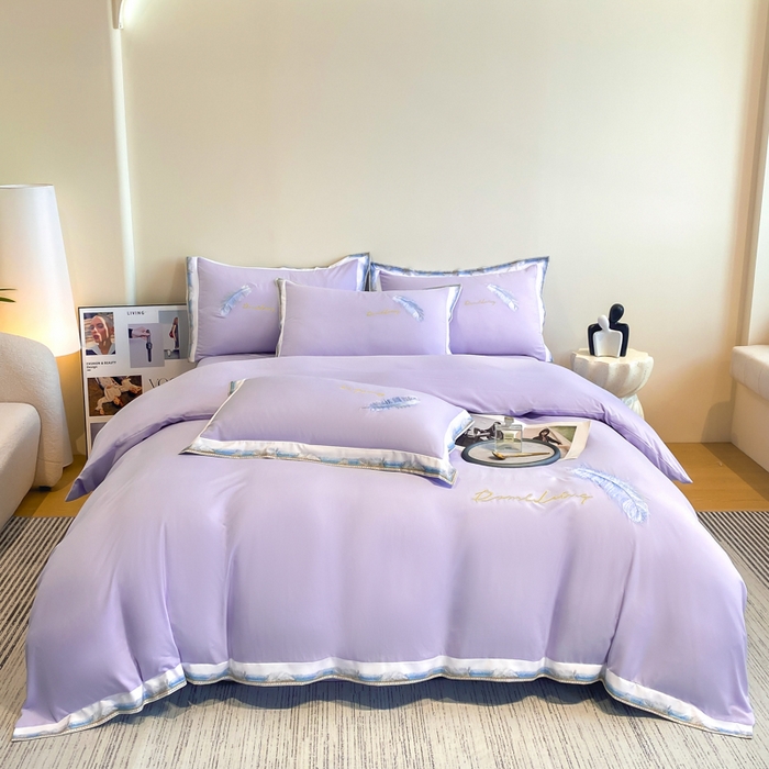 91家纺网 家纺一手货源 找家纺 花愿（原花纪） 2026新款加密水洗棉刺绣四件套-蓝羽 蔷薇紫