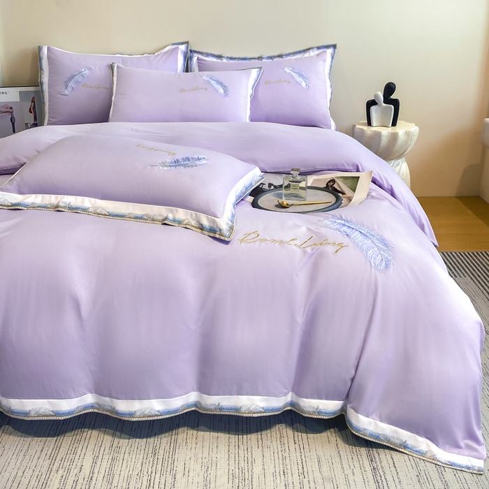 91家纺网 家纺一手货源 找家纺 花愿（原花纪） 2026新款加密水洗棉刺绣四件套-蓝羽 蔷薇紫