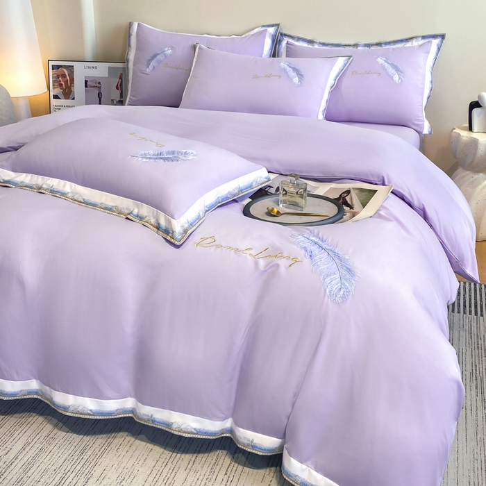 91家纺网 家纺一手货源 找家纺 花愿（原花纪） 2026新款加密水洗棉刺绣四件套-蓝羽 蔷薇紫