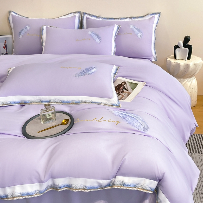 91家纺网 家纺一手货源 找家纺 花愿（原花纪） 2026新款加密水洗棉刺绣四件套-蓝羽 蔷薇紫