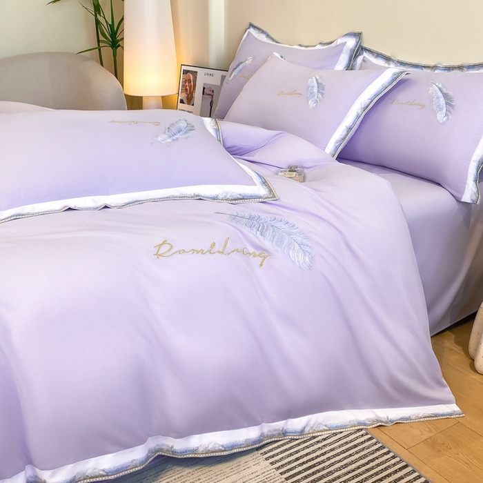 91家纺网 家纺一手货源 找家纺 花愿（原花纪） 2026新款加密水洗棉刺绣四件套-蓝羽 蔷薇紫