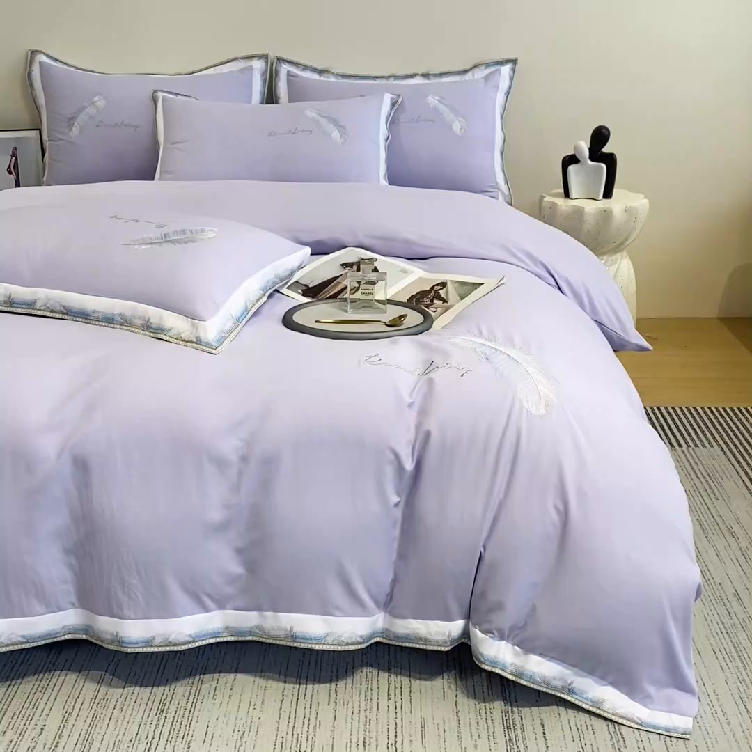 91家纺网 家纺一手货源 找家纺 花愿（原花纪） 2026新款加密水洗棉刺绣四件套-蓝羽 蔷薇紫