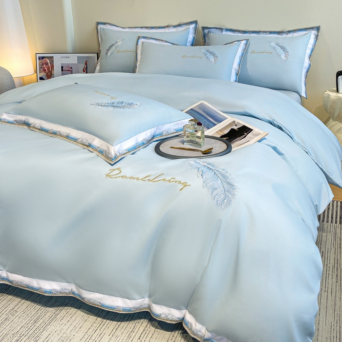 91家纺网 家纺一手货源 找家纺 花愿（原花纪） 2026新款加密水洗棉刺绣四件套-蓝羽 天空蓝