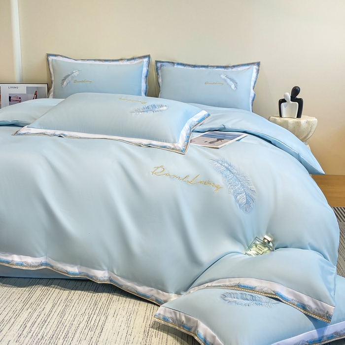 91家纺网 家纺一手货源 找家纺 花愿（原花纪） 2026新款加密水洗棉刺绣四件套-蓝羽 天空蓝