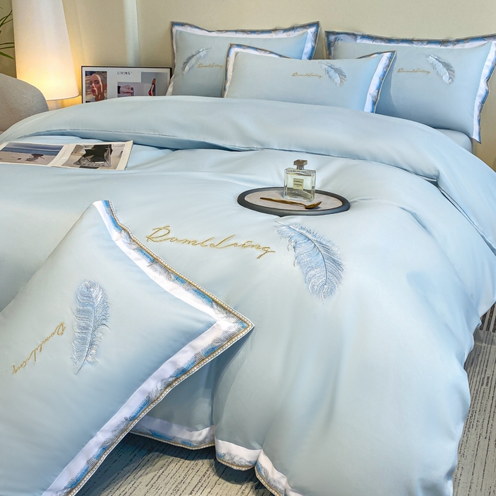 花愿（原花纪） 2026新款加密水洗棉刺绣四件套-蓝羽 天空蓝
