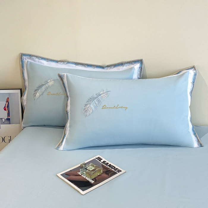 91家纺网 家纺一手货源 找家纺 花愿（原花纪） 2026新款加密水洗棉刺绣四件套-蓝羽 天空蓝