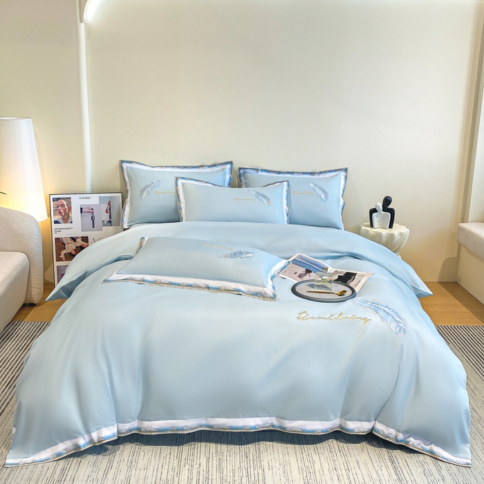 91家纺网 家纺一手货源 找家纺 花愿（原花纪） 2026新款加密水洗棉刺绣四件套-蓝羽 天空蓝