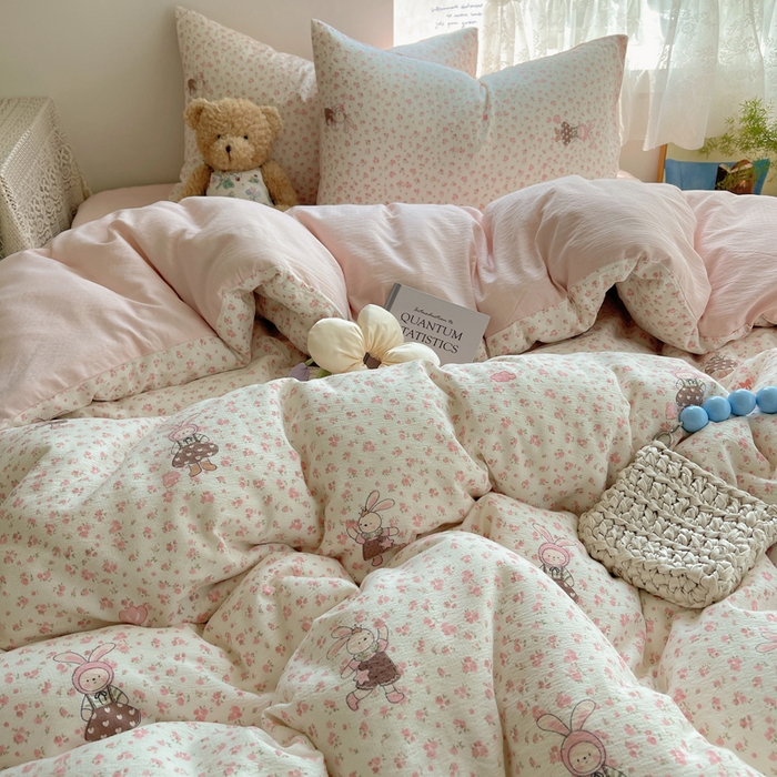 91家纺网 家纺一手货源 找家纺 沐芷 2025 木棉双层纱A类四件套直播 开学季宿舍三件套  单被套/四件套--提供买家秀 彼岸-芭比兔