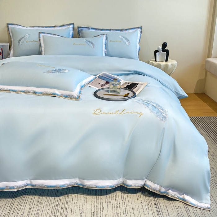 91家纺网 家纺一手货源 找家纺 花愿（原花纪） 2026新款加密水洗棉刺绣四件套-蓝羽 天空蓝