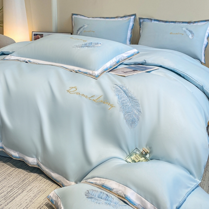 91家纺网 家纺一手货源 找家纺 花愿（原花纪） 2026新款加密水洗棉刺绣四件套-蓝羽 天空蓝
