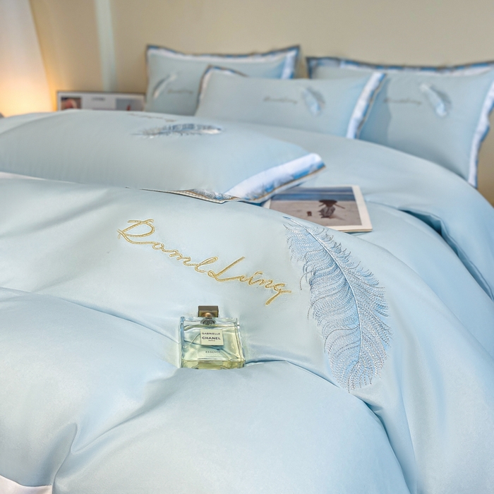 91家纺网 家纺一手货源 找家纺 花愿（原花纪） 2026新款加密水洗棉刺绣四件套-蓝羽 天空蓝