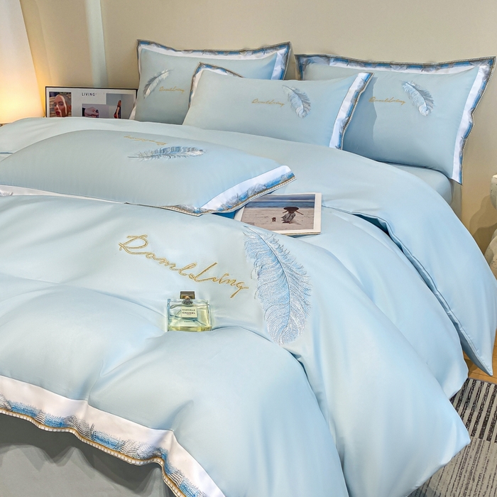 91家纺网 家纺一手货源 找家纺 花愿（原花纪） 2026新款加密水洗棉刺绣四件套-蓝羽 天空蓝