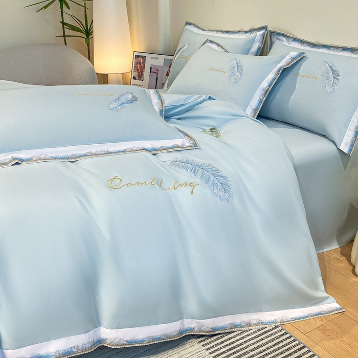 91家纺网 家纺一手货源 找家纺 花愿（原花纪） 2026新款加密水洗棉刺绣四件套-蓝羽 天空蓝