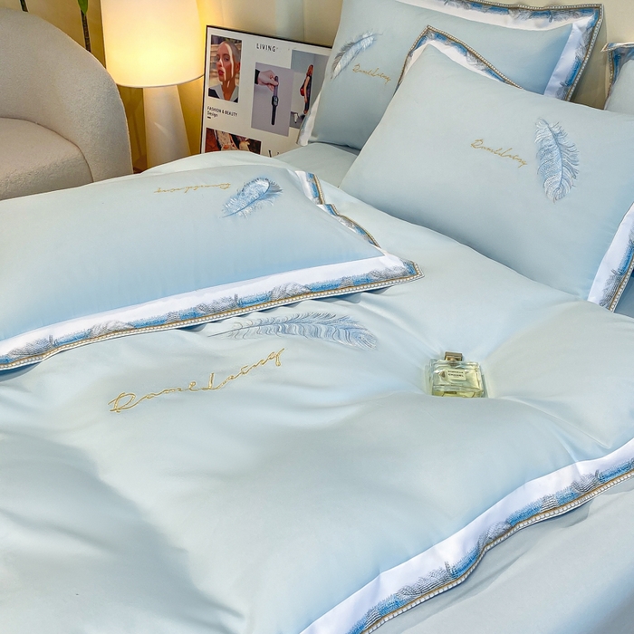 91家纺网 家纺一手货源 找家纺 花愿（原花纪） 2026新款加密水洗棉刺绣四件套-蓝羽 天空蓝