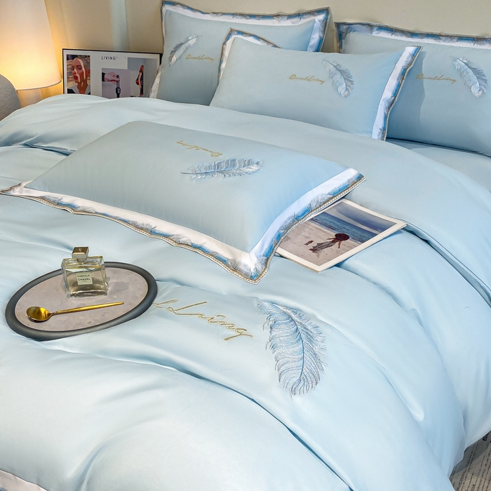 91家纺网 家纺一手货源 找家纺 花愿（原花纪） 2026新款加密水洗棉刺绣四件套-蓝羽 天空蓝