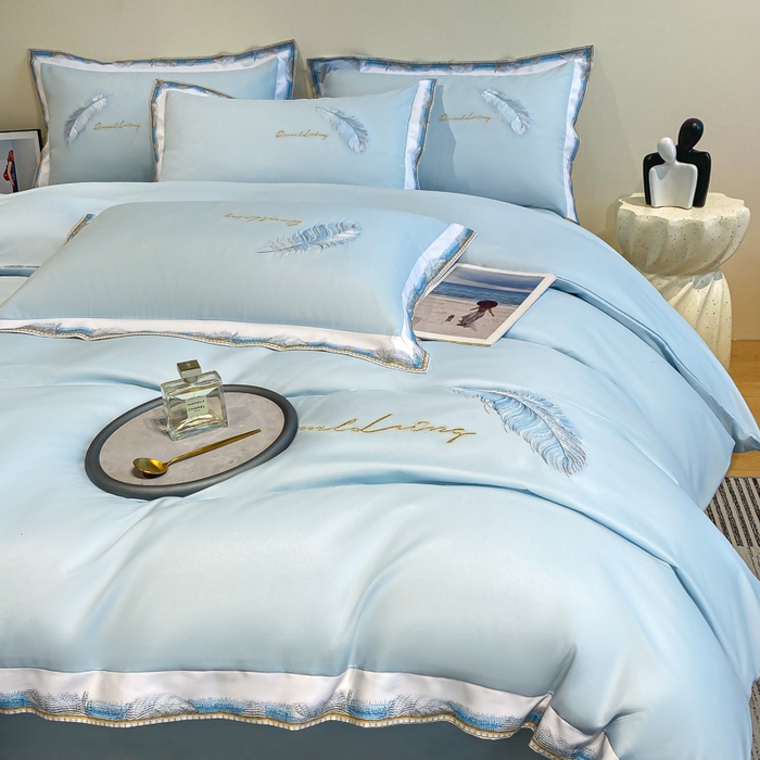 91家纺网 家纺一手货源 找家纺 花愿（原花纪） 2026新款加密水洗棉刺绣四件套-蓝羽 天空蓝