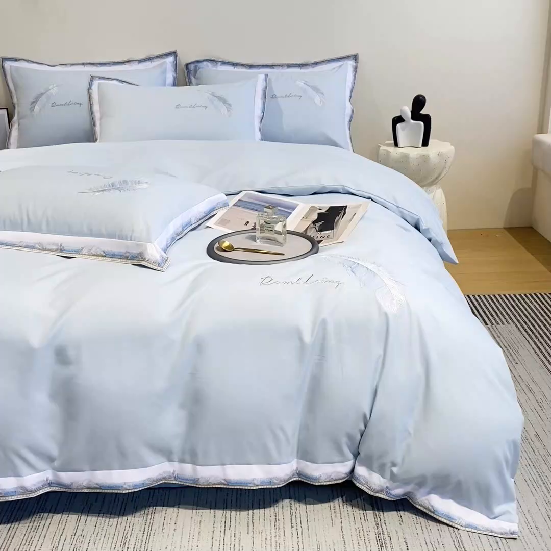 91家纺网 家纺一手货源 找家纺 花愿（原花纪） 2026新款加密水洗棉刺绣四件套-蓝羽 天空蓝