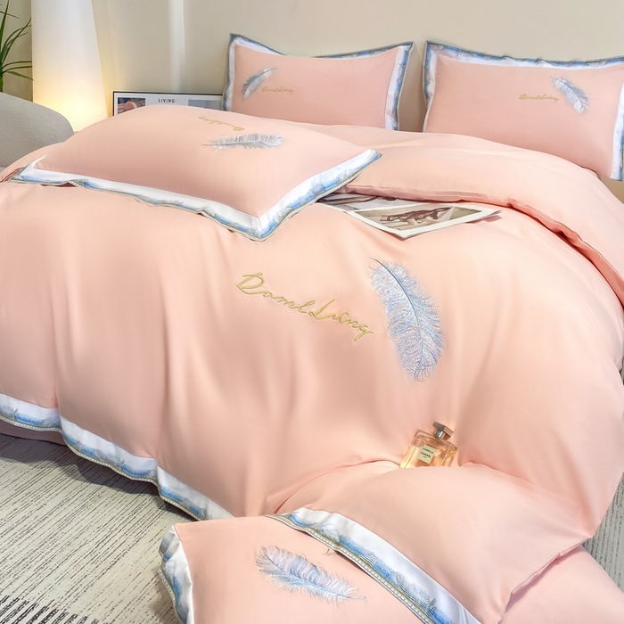 91家纺网 家纺一手货源 找家纺 花愿（原花纪） 2026新款加密水洗棉刺绣四件套-蓝羽 樱花粉