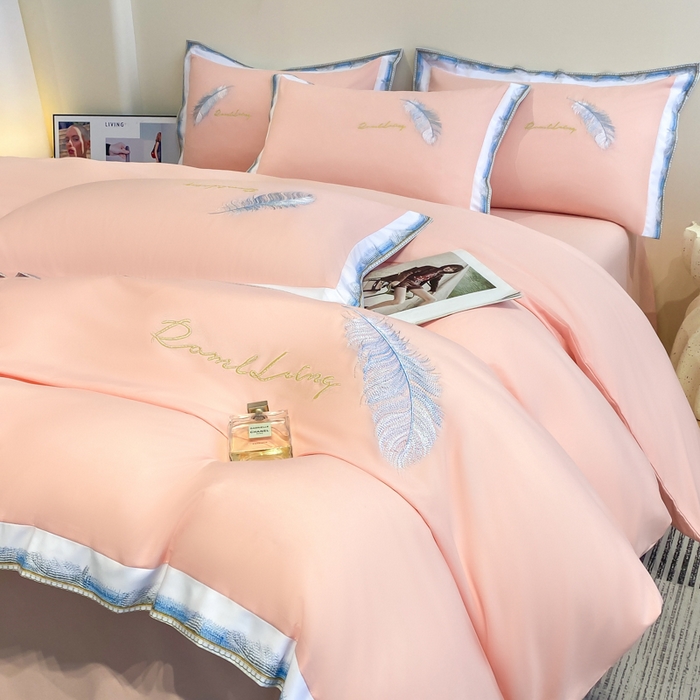 91家纺网 家纺一手货源 找家纺 花愿（原花纪） 2026新款加密水洗棉刺绣四件套-蓝羽 樱花粉