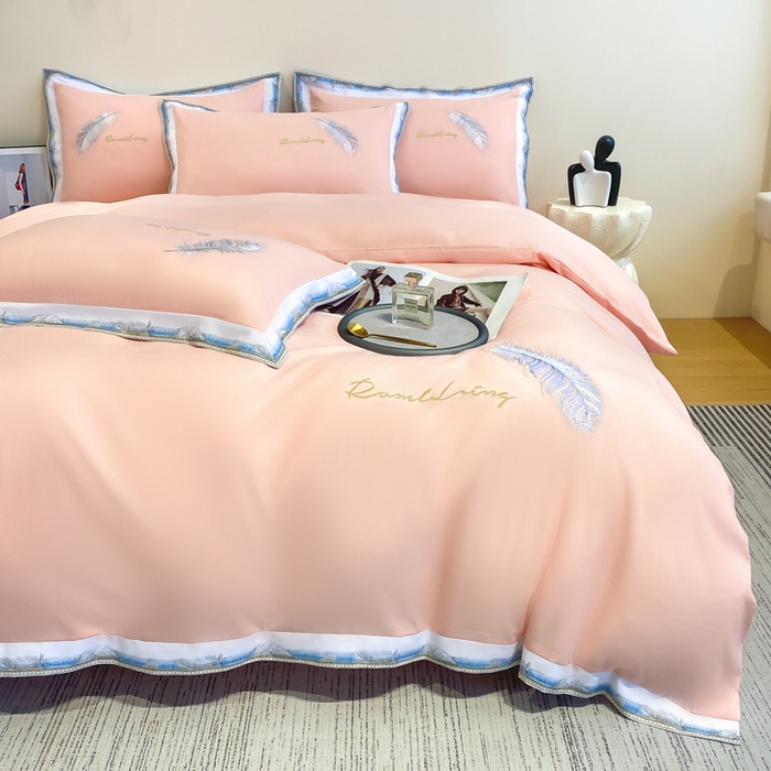 91家纺网 家纺一手货源 找家纺 花愿（原花纪） 2026新款加密水洗棉刺绣四件套-蓝羽 樱花粉