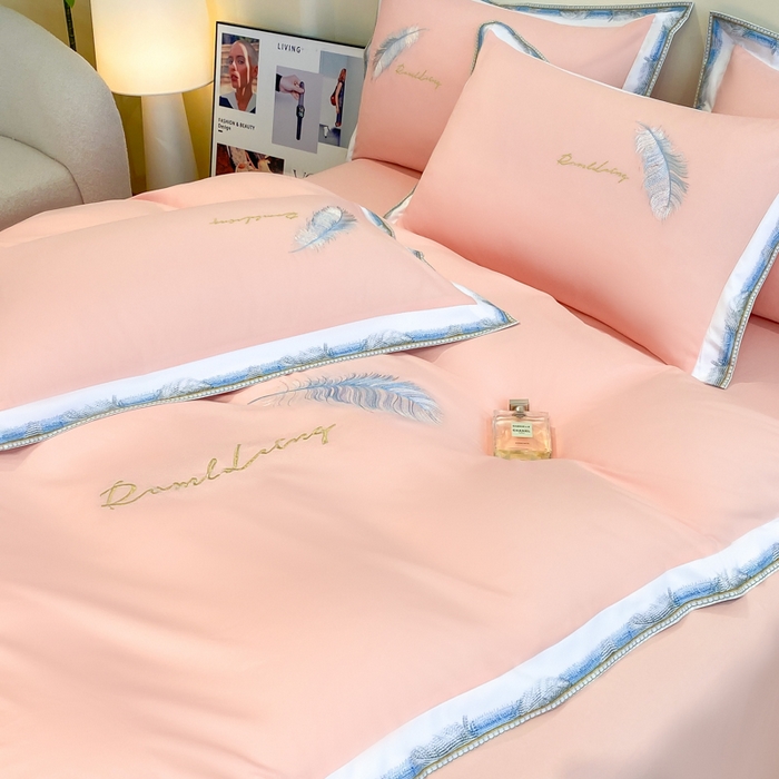 91家纺网 家纺一手货源 找家纺 花愿（原花纪） 2026新款加密水洗棉刺绣四件套-蓝羽 樱花粉