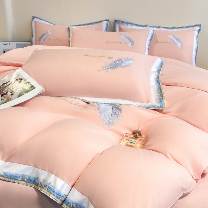 91家纺网 家纺一手货源 找家纺 花愿（原花纪） 2026新款加密水洗棉刺绣四件套-蓝羽 樱花粉