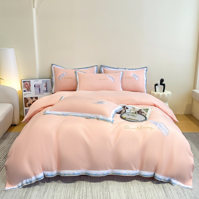 91家纺网 家纺一手货源 找家纺 花愿（原花纪） 2026新款加密水洗棉刺绣四件套-蓝羽 樱花粉