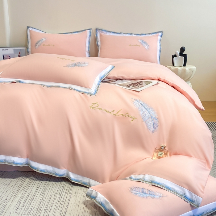 91家纺网 家纺一手货源 找家纺 花愿（原花纪） 2026新款加密水洗棉刺绣四件套-蓝羽 樱花粉