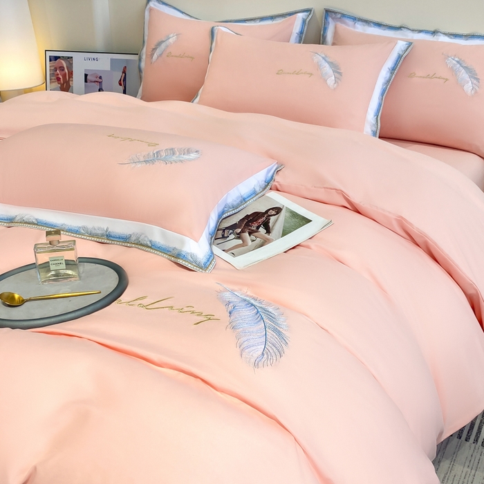 91家纺网 家纺一手货源 找家纺 花愿（原花纪） 2026新款加密水洗棉刺绣四件套-蓝羽 樱花粉