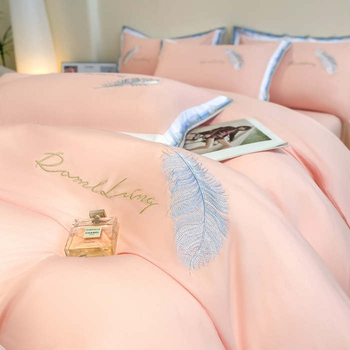 91家纺网 家纺一手货源 找家纺 花愿（原花纪） 2026新款加密水洗棉刺绣四件套-蓝羽 樱花粉