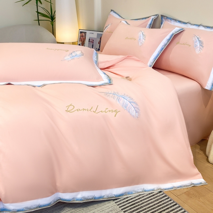 91家纺网 家纺一手货源 找家纺 花愿（原花纪） 2026新款加密水洗棉刺绣四件套-蓝羽 樱花粉