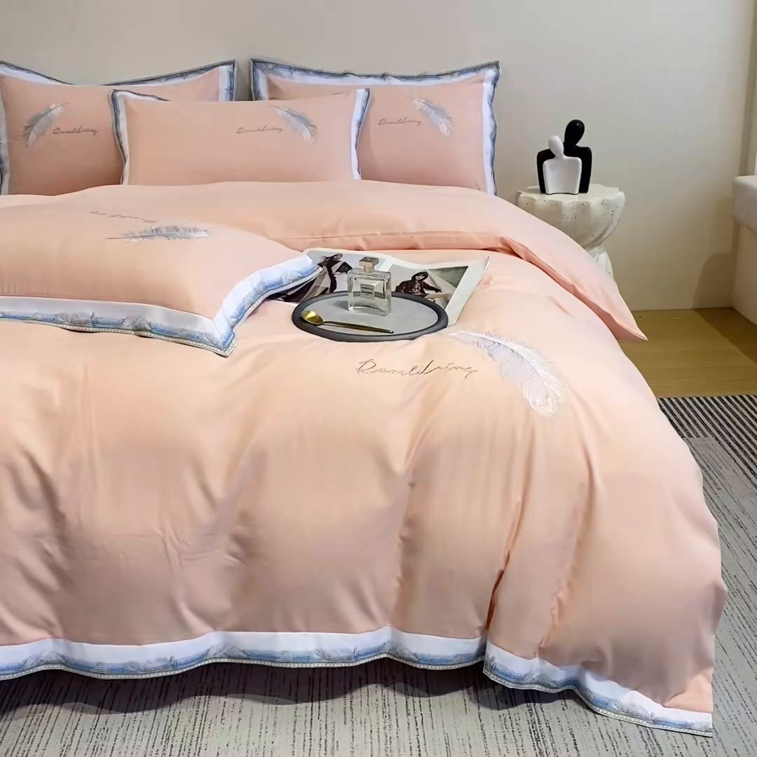 91家纺网 家纺一手货源 找家纺 花愿（原花纪） 2026新款加密水洗棉刺绣四件套-蓝羽 樱花粉