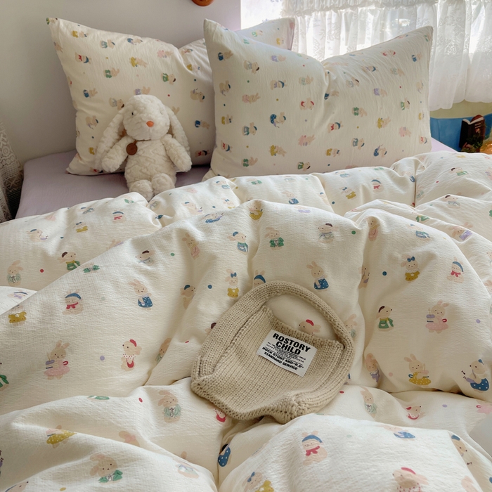 91家纺网 家纺一手货源 找家纺 沐芷 2025 木棉双层纱A类四件套直播 开学季宿舍三件套  单被套/四件套--提供买家秀 彼岸-兔子集合