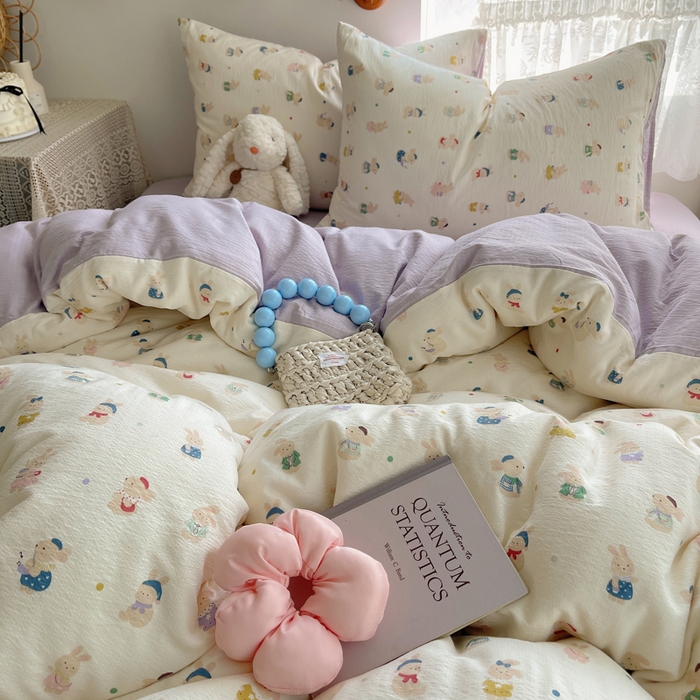 91家纺网 家纺一手货源 找家纺 沐芷 2025 木棉双层纱A类四件套直播 开学季宿舍三件套  单被套/四件套--提供买家秀 彼岸-兔子集合