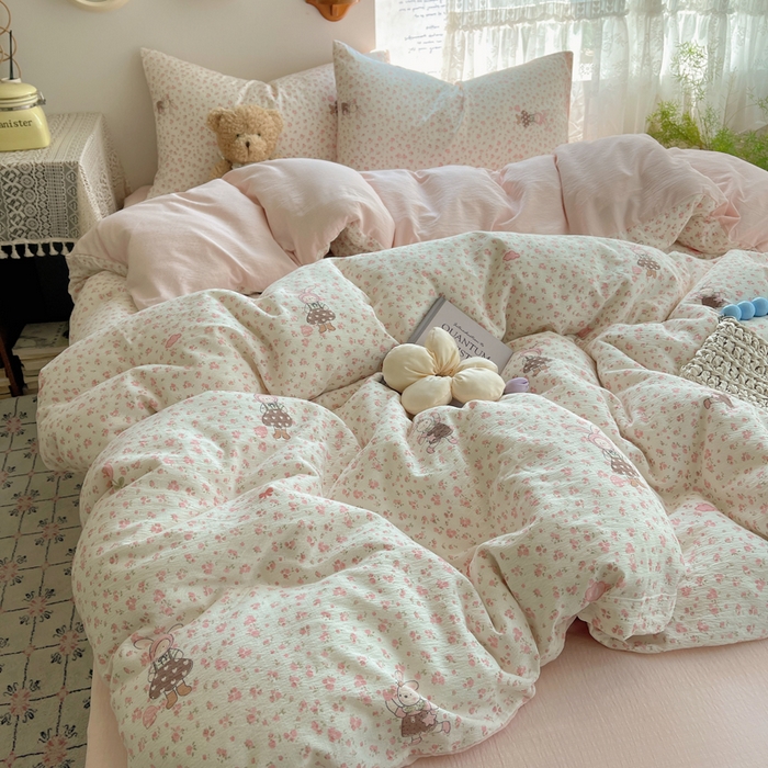 91家纺网 家纺一手货源 找家纺 沐芷 2025 木棉双层纱A类四件套直播 开学季宿舍三件套  单被套/四件套--提供买家秀 彼岸-芭比兔