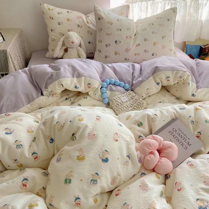 91家纺网 家纺一手货源 找家纺 沐芷 2025 木棉双层纱A类四件套直播 开学季宿舍三件套  单被套/四件套--提供买家秀 彼岸-兔子集合