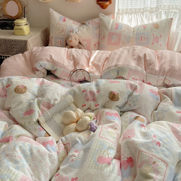 91家纺网 家纺一手货源 找家纺 沐芷 2025 木棉双层纱A类四件套直播 开学季宿舍三件套  单被套/四件套--提供买家秀 彼岸-奶油块块