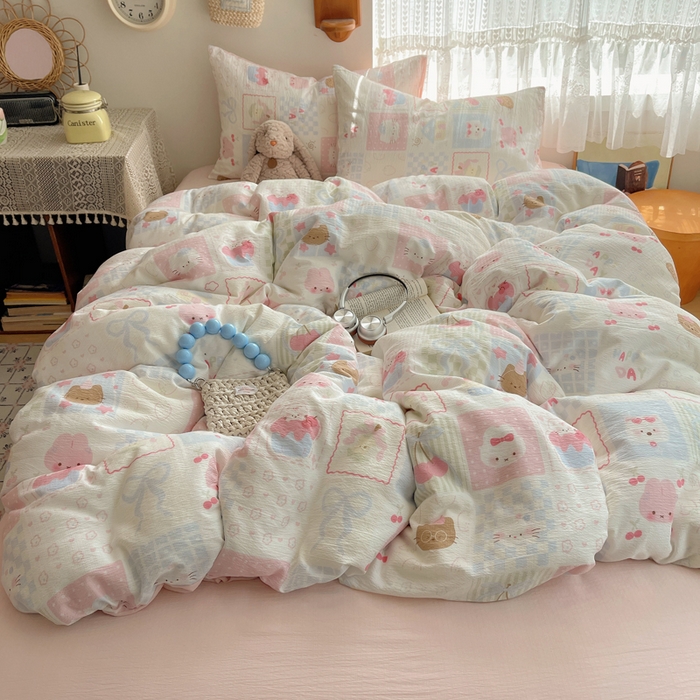 91家纺网 家纺一手货源 找家纺 沐芷 2025 木棉双层纱A类四件套直播 开学季宿舍三件套  单被套/四件套--提供买家秀 彼岸-奶油块块