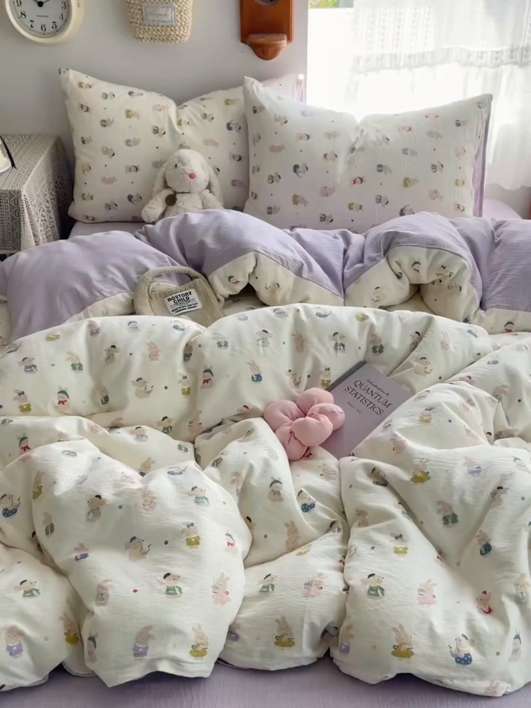 91家纺网 家纺一手货源 找家纺 沐芷 2025 木棉双层纱A类四件套直播 开学季宿舍三件套  单被套/四件套--提供买家秀 彼岸-兔子集合