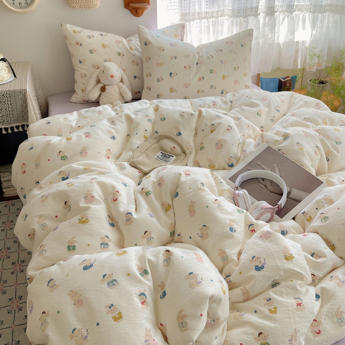 91家纺网 家纺一手货源 找家纺 沐芷 2025 木棉双层纱A类四件套直播 开学季宿舍三件套  单被套/四件套--提供买家秀 彼岸-兔子集合